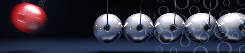 Boulier de Newton avec des boules grises et une boule rouge en mouvement à l'extrémité