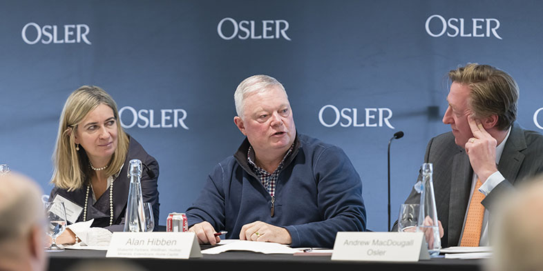Panelists Daniella Dimitrov, Director and Partner at Sprott Capital (left), Alan Hibben, Director and Financial Executive (centre), and, Osler Partner Andrew MacDougall (right) discussed key takeaways for dealing with financial distress.