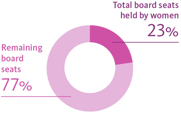 Remaining board seats 77%. Total board seats held by women 23%.