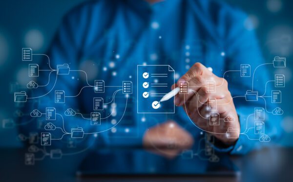 DO NOT USE - Expertise - Document Management System - DMS with arrange folder and files icons. Man setup storage backup online application on computer laptop. Software for archiving, searching, managing files and information.