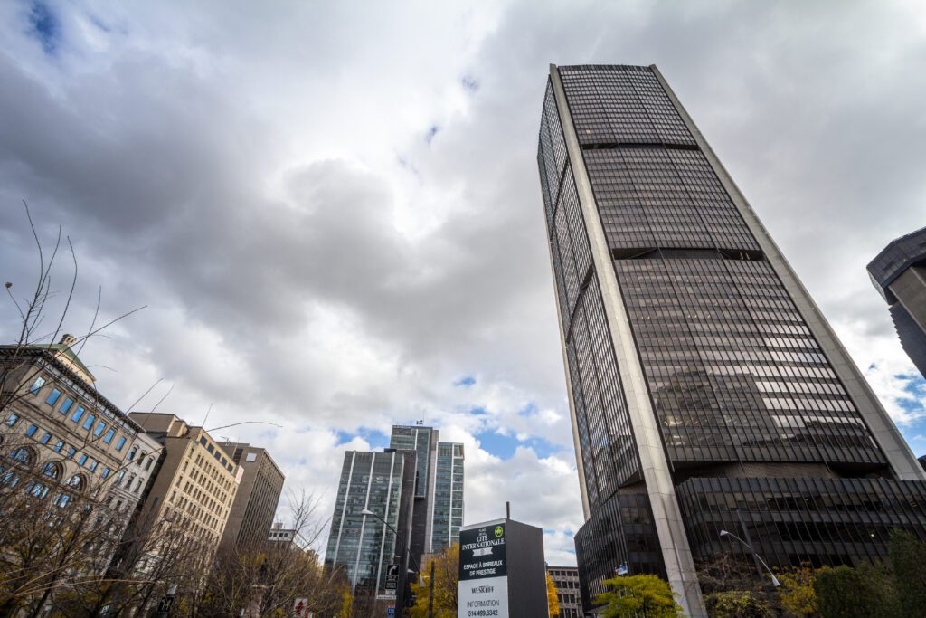 Picture of the Tour de la Bourse tower, taken from the Place International Square, in the Quartier International of Montréal.