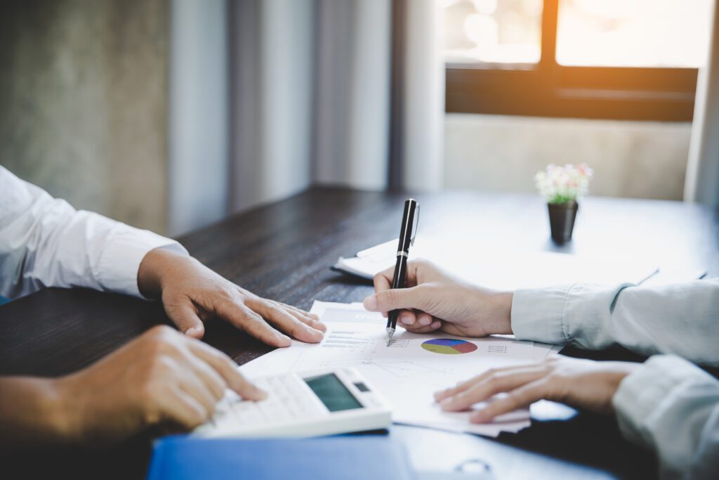 Business adviser analyzing financial figures.